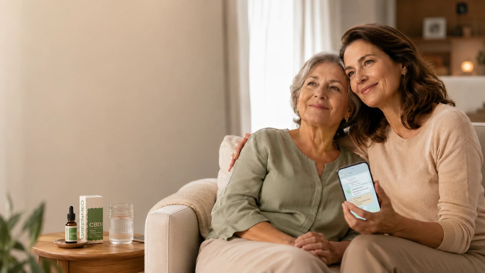 Duas mulheres sorrindo, sentadas juntas no sofá, com o óleo de CBD GreenMed sobre a mesa de apoio